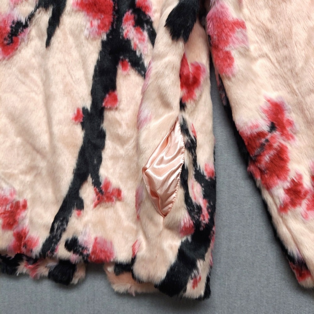 GUESS Faux Fur Floral Coat Womens XS Pink Cherry Blossom Y2K Glam Luxe Jacket - Picture 8 of 16